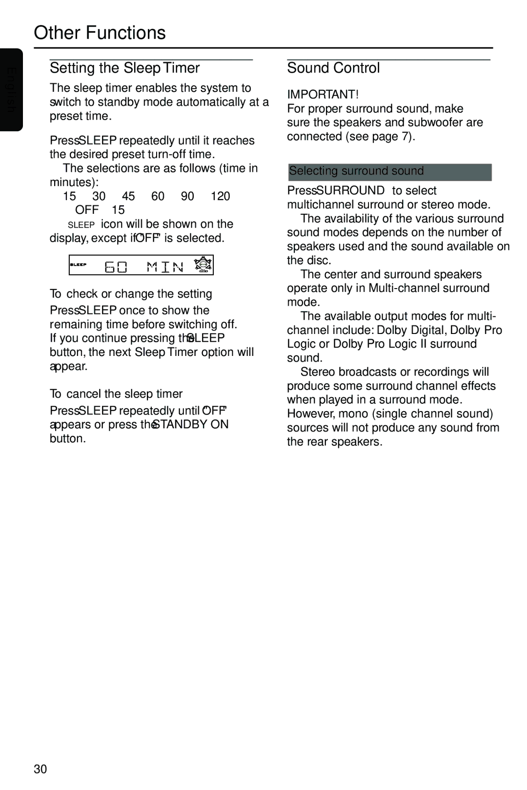 Philips HTS3410D/55 user manual Other Functions, Setting the Sleep Timer, Sound Control, Selecting surround sound 