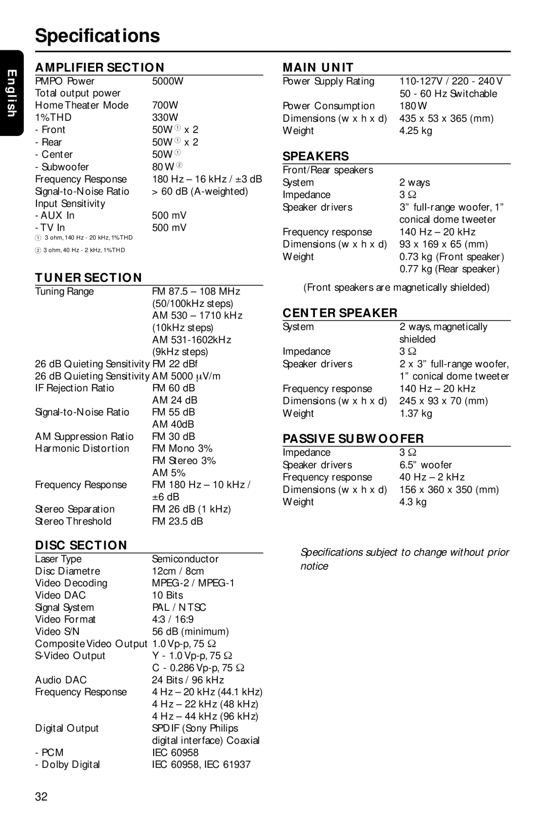 Philips HTS3410D/55 user manual Specifications 