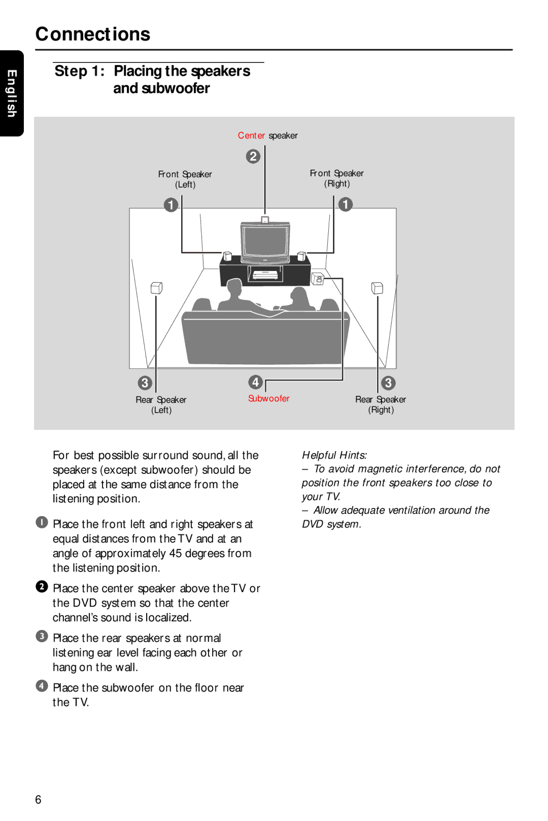 Philips HTS3410D/55 user manual Connections, Placing the speakers and subwoofer 