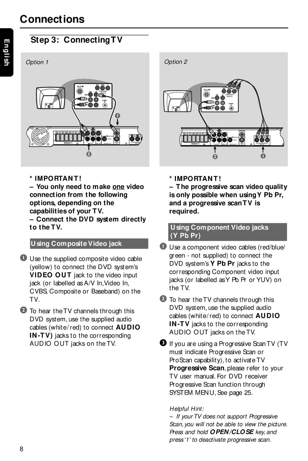 Philips HTS3410D/55 user manual Connecting TV, Using Composite Video jack, Using Component Video jacks Y Pb Pr 