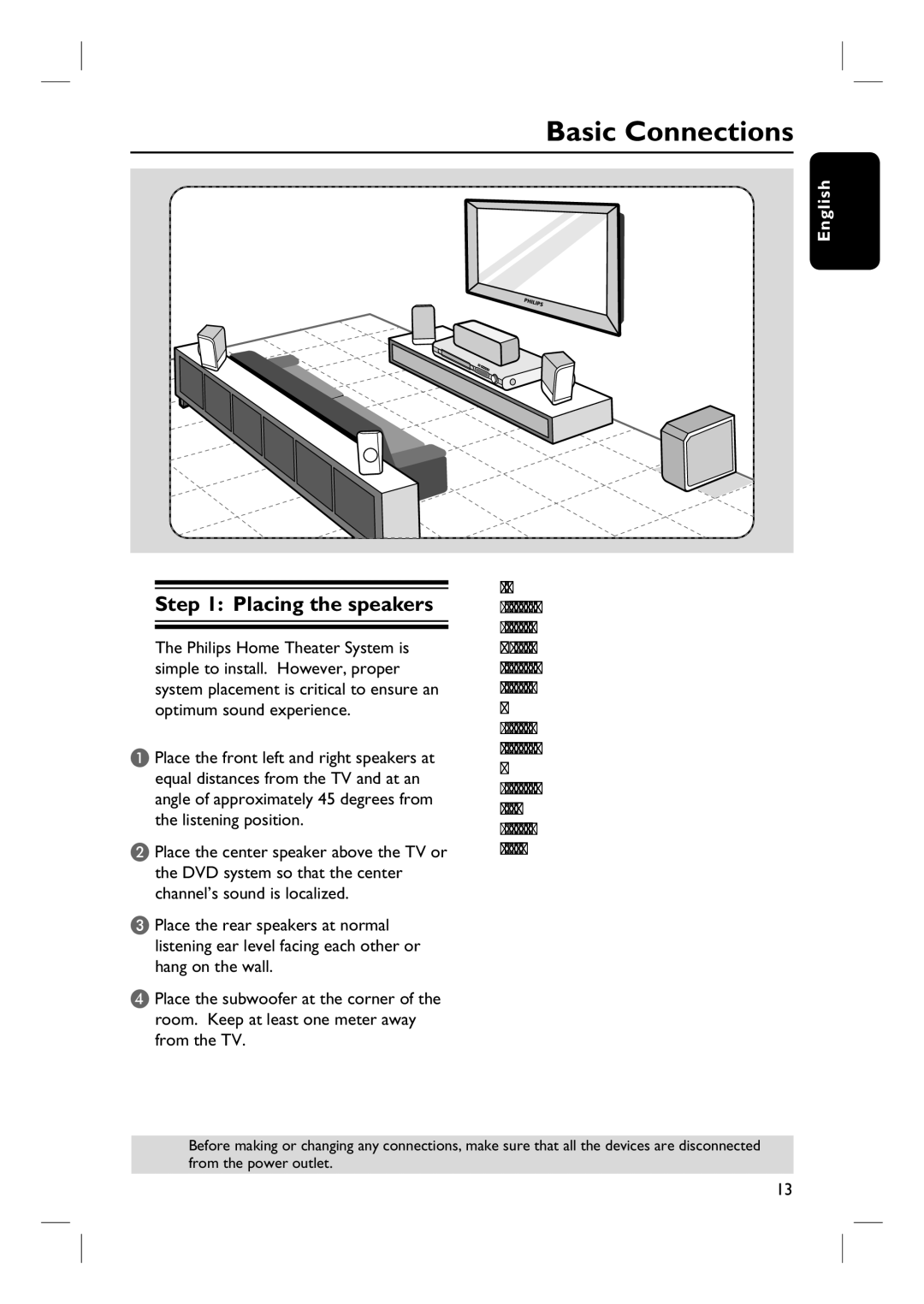 Philips HTS3450, HTS3440 user manual Basic Connections, Placing the speakers 