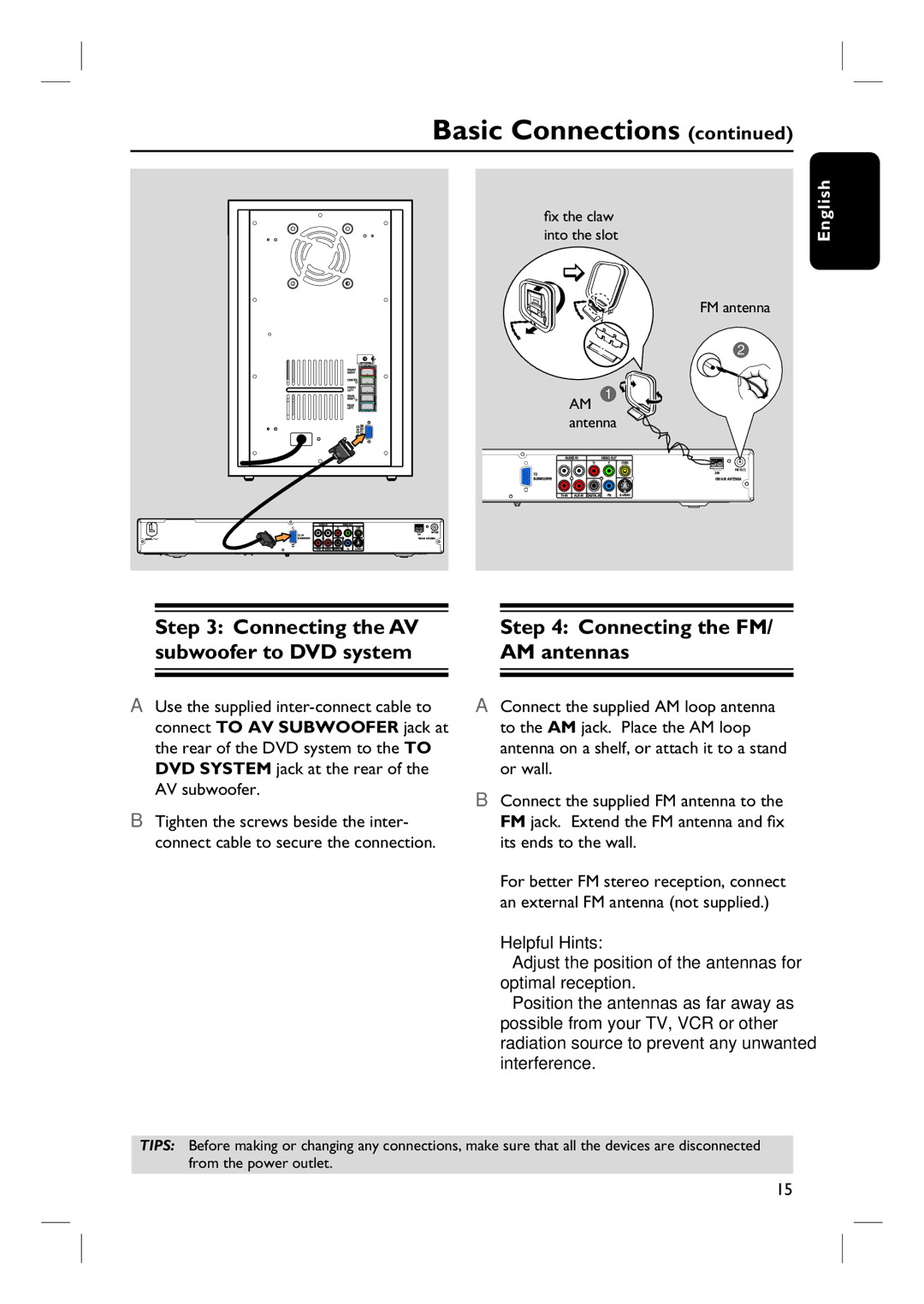 Philips HTS3450, HTS3440 user manual Connecting the AV subwoofer to DVD system, Connecting the FM/ AM antennas 