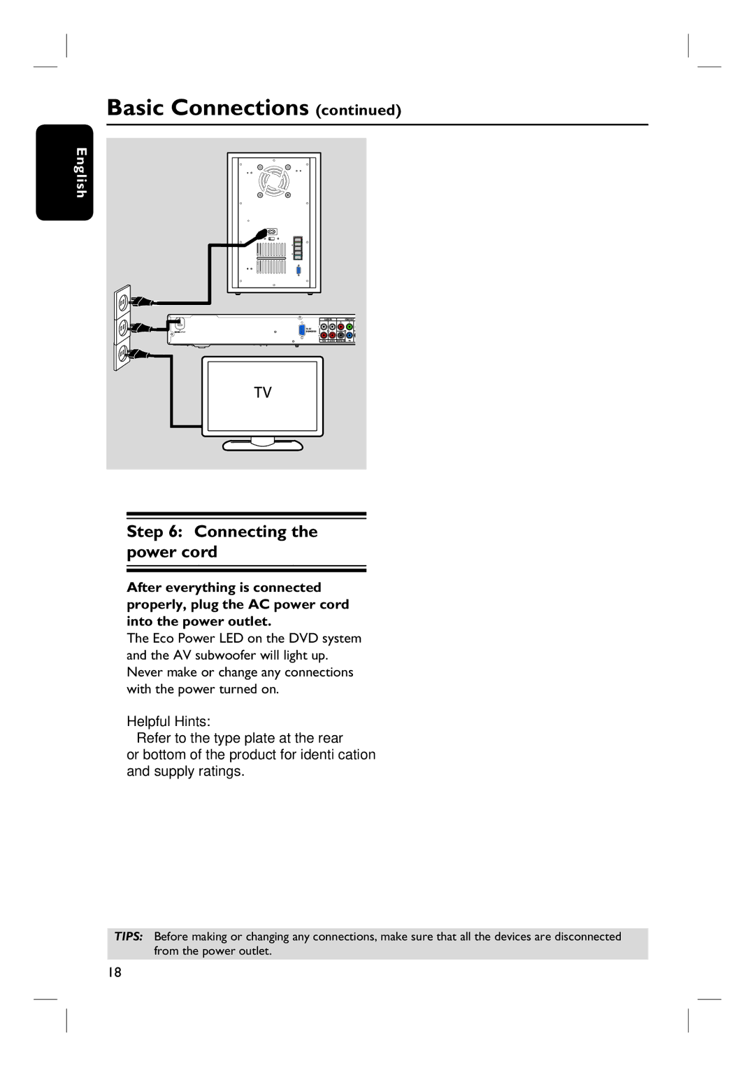 Philips HTS3440, HTS3450 user manual Connecting the power cord 