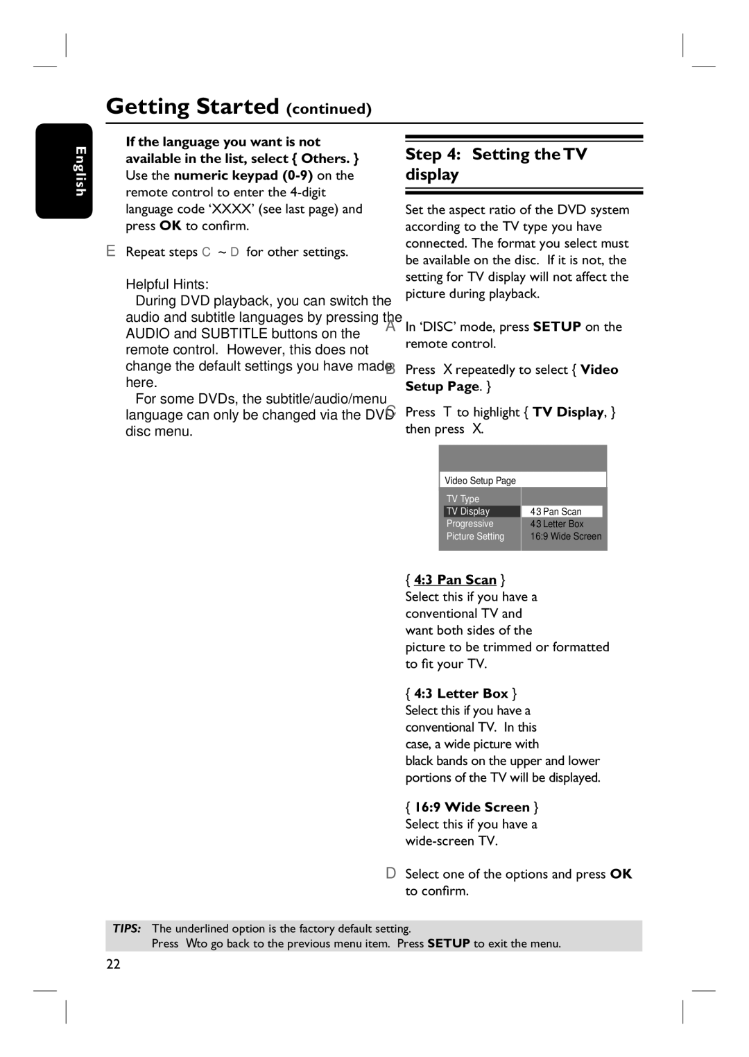 Philips HTS3440, HTS3450 user manual Setting the TV display, Repeat steps C ~ D for other settings 