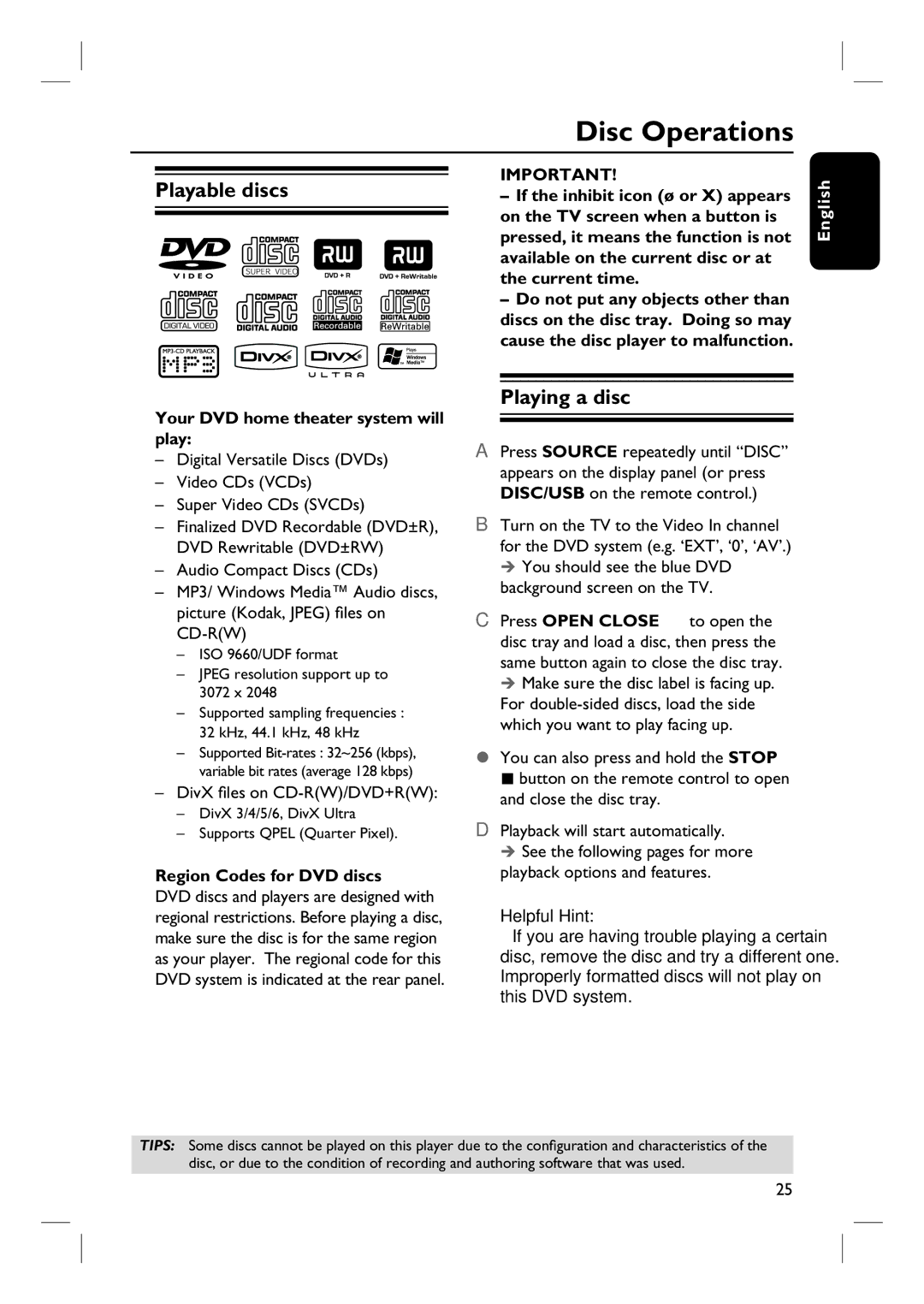 Philips HTS3450, HTS3440 user manual Disc Operations, Playable discs, Playing a disc 