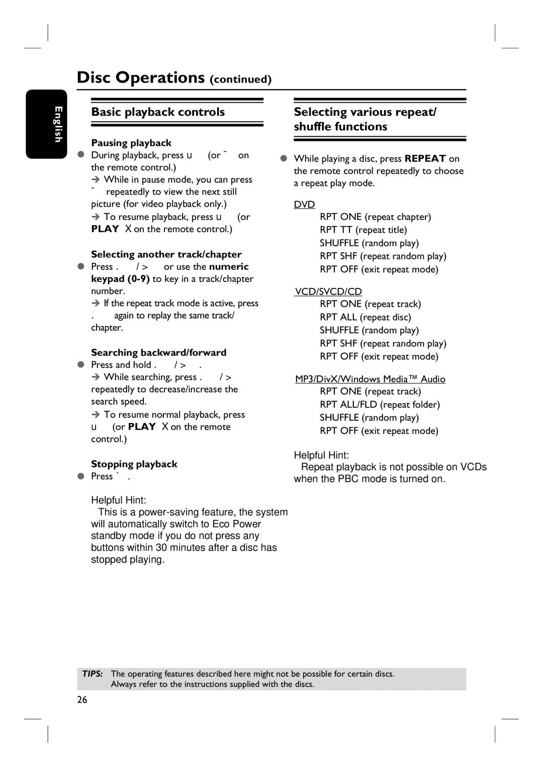 Philips HTS3440 Basic playback controls, Selecting various repeat/ shuffle functions, Pausing playback, Stopping playback 