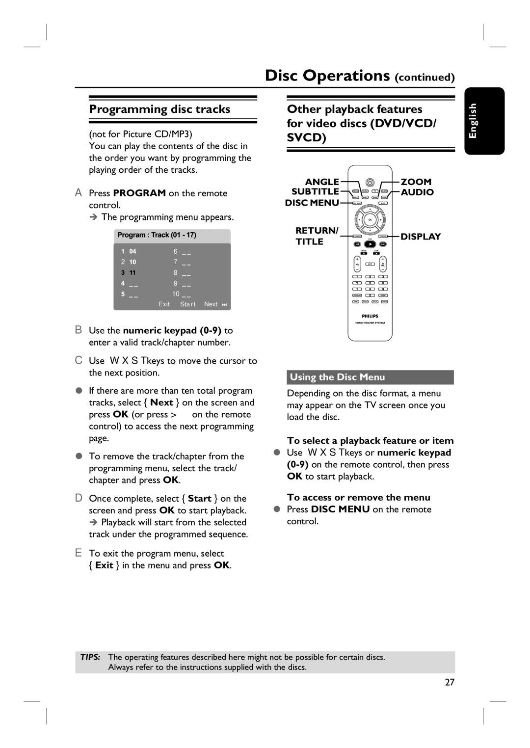 Philips HTS3450 Programming disc tracks, Other playback features for video discs DVD/VCD/ Svcd, Using the Disc Menu 