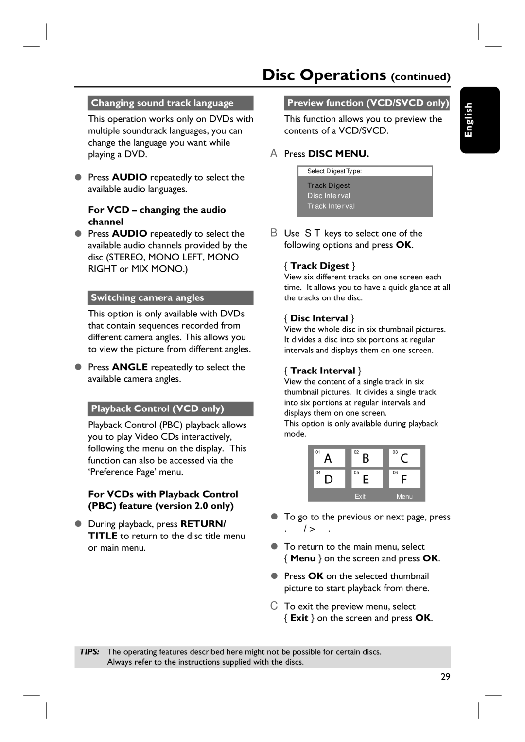 Philips HTS3450, HTS3440 user manual Changing sound track language, Switching camera angles, Playback Control VCD only 