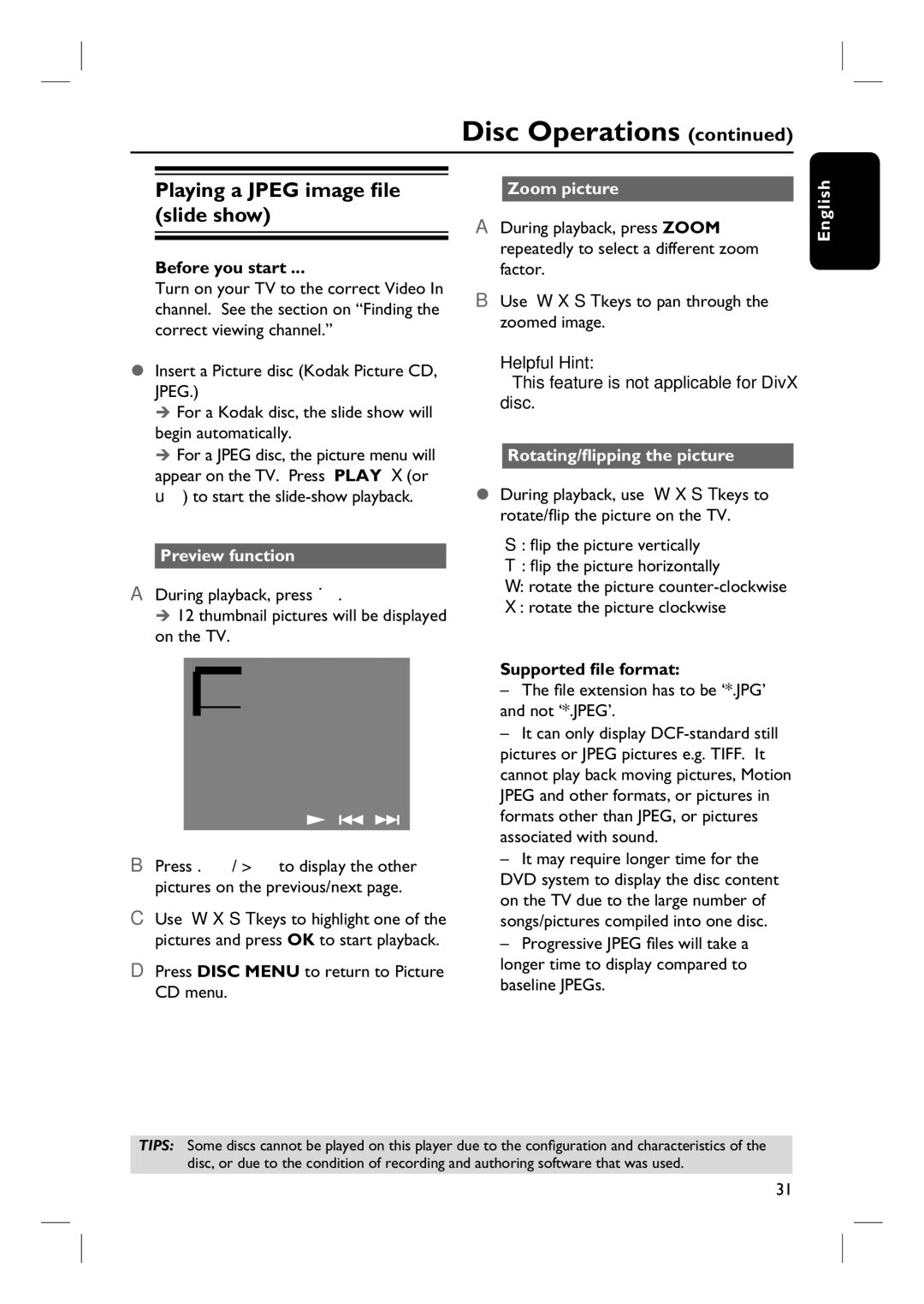 Philips HTS3450 Playing a Jpeg image file slide show, Preview function, Zoom picture, Rotating/flipping the picture 