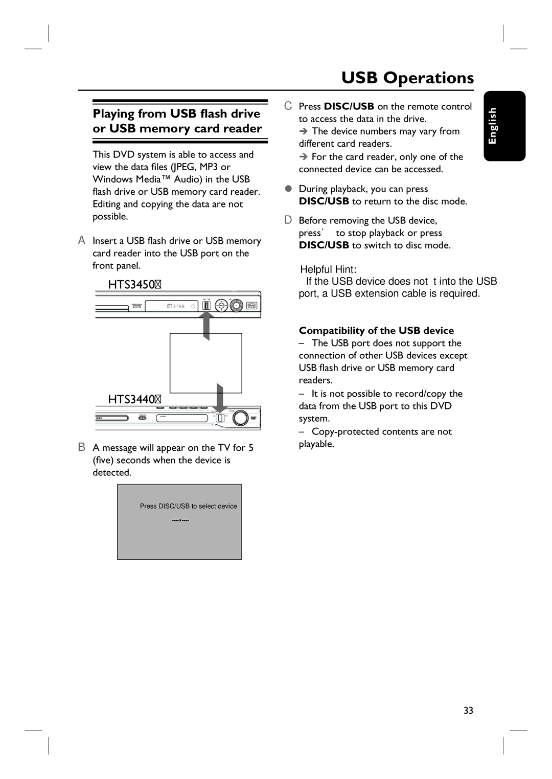 Philips HTS3450 USB Operations, Device numbers may vary from different card readers, Compatibility of the USB device 