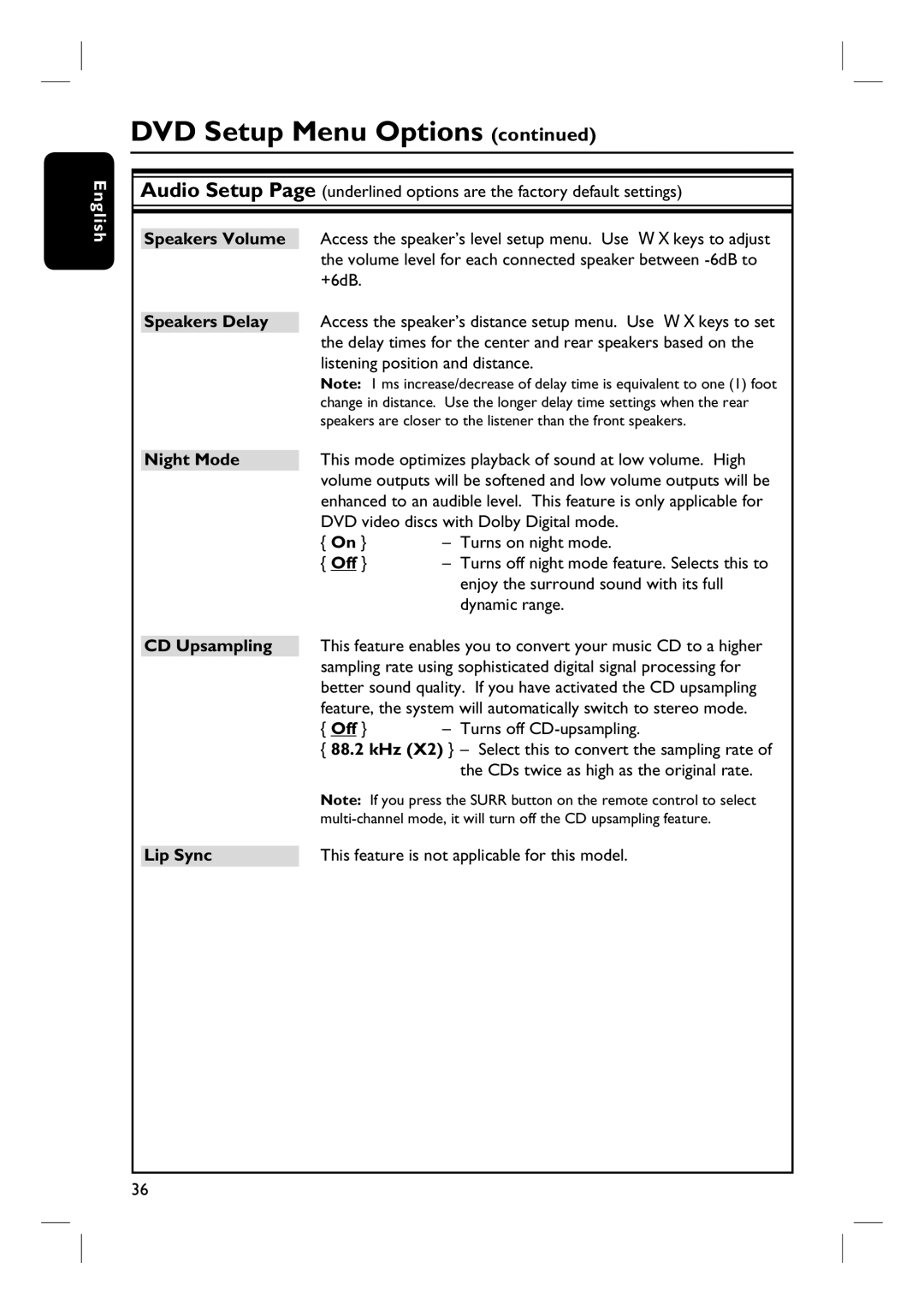 Philips HTS3440, HTS3450 user manual Night Mode, CD Upsampling, Lip Sync 