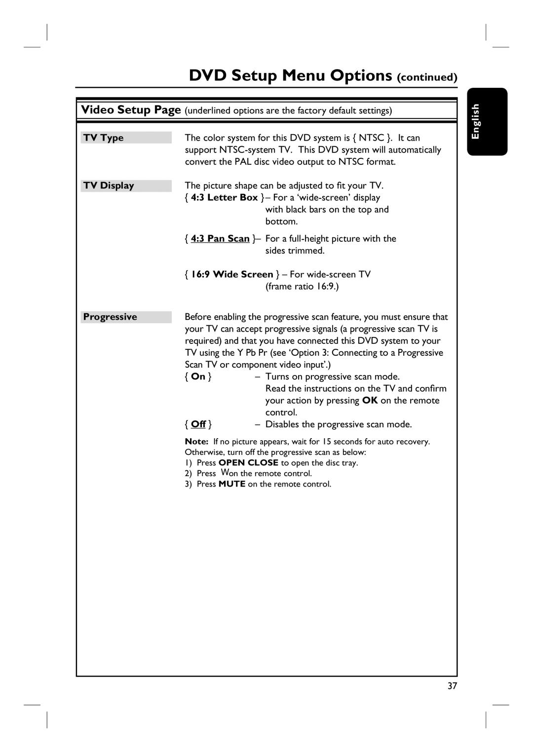 Philips HTS3450, HTS3440 user manual TV Type, TV Display, Pan Scan, Progressive 