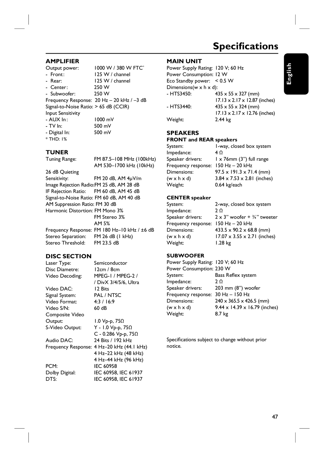 Philips HTS3450, HTS3440 user manual Specifications, Amplifier 