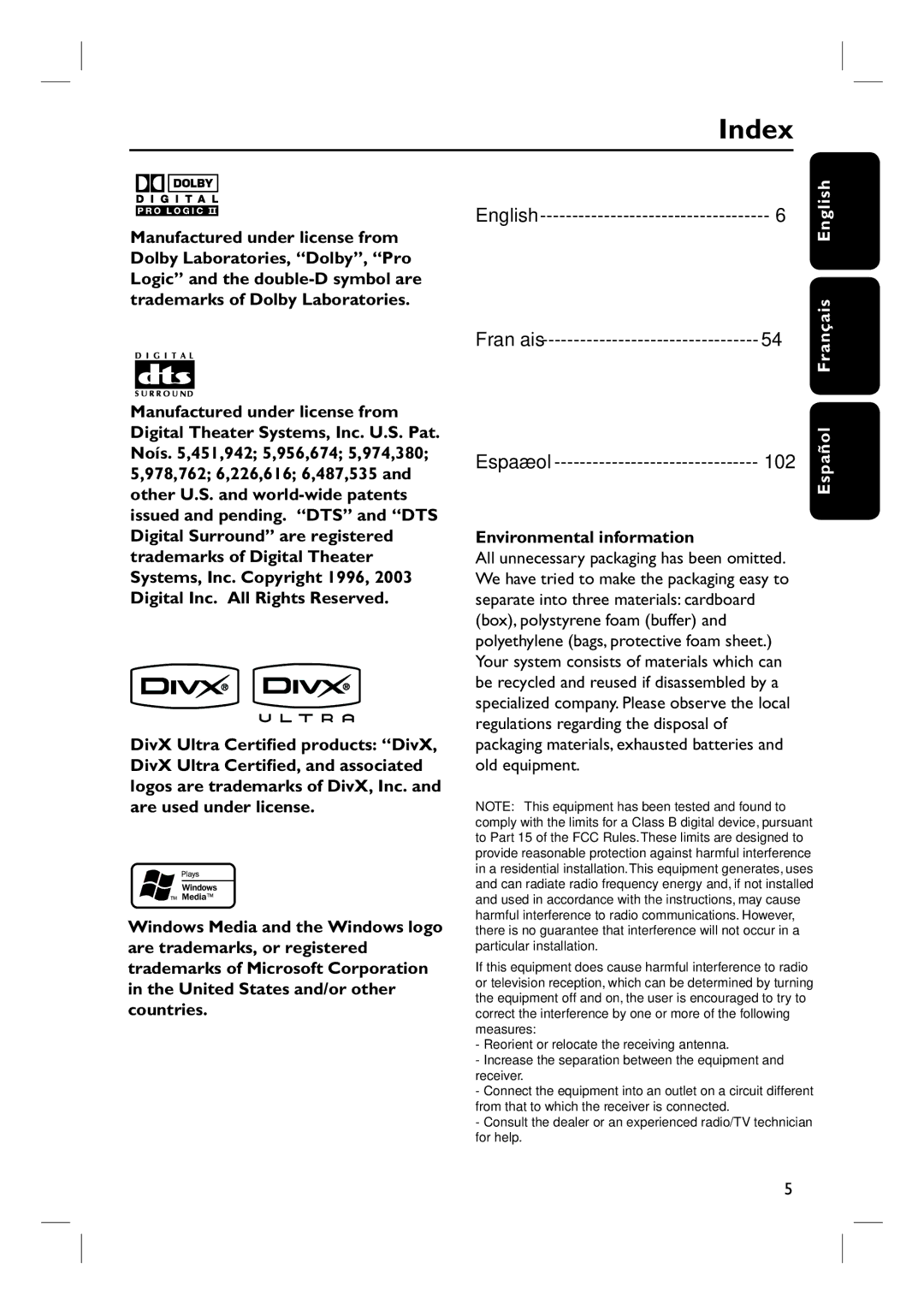 Philips HTS3450, HTS3440 user manual Index, Environmental information, Español Français 