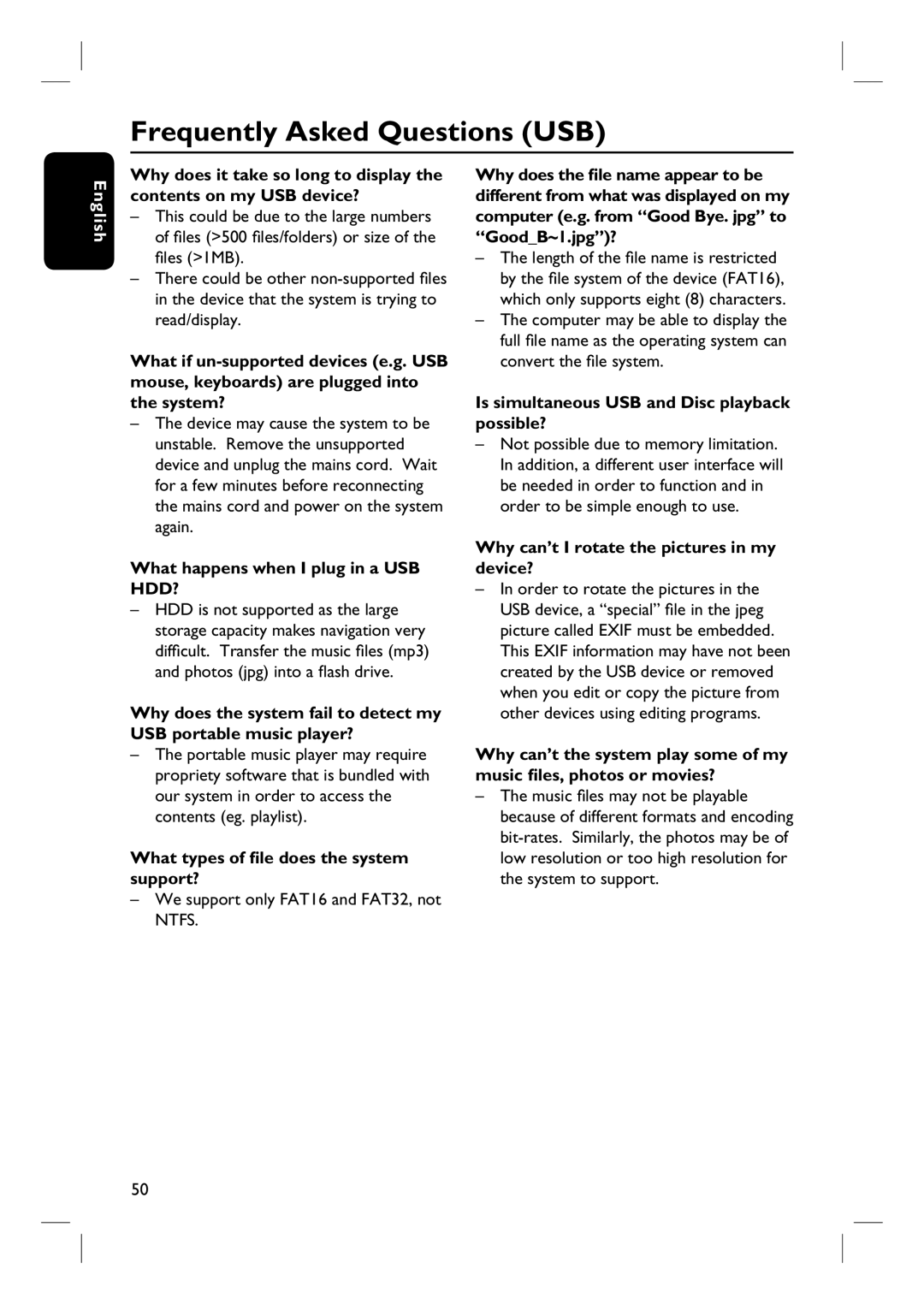 Philips HTS3440, HTS3450 user manual Frequently Asked Questions USB, What happens when I plug in a USB HDD? 