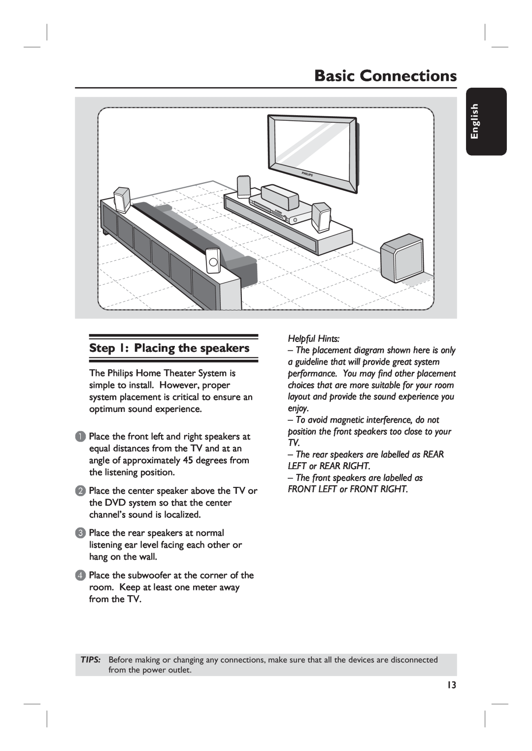 Philips HTS3450, HTS3440 user manual Basic Connections, Placing the speakers, Helpful Hints 