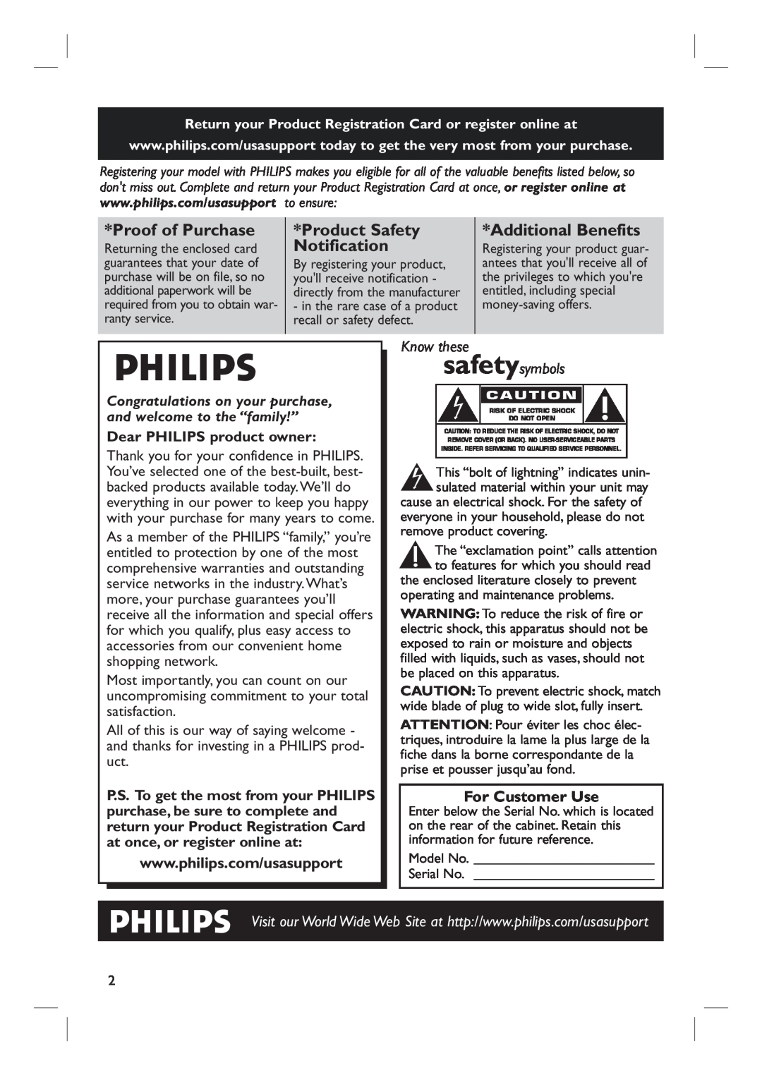Philips HTS3440, HTS3450 user manual Proof of Purchase, Product Safety Notification, Additional Benefits, For Customer Use 