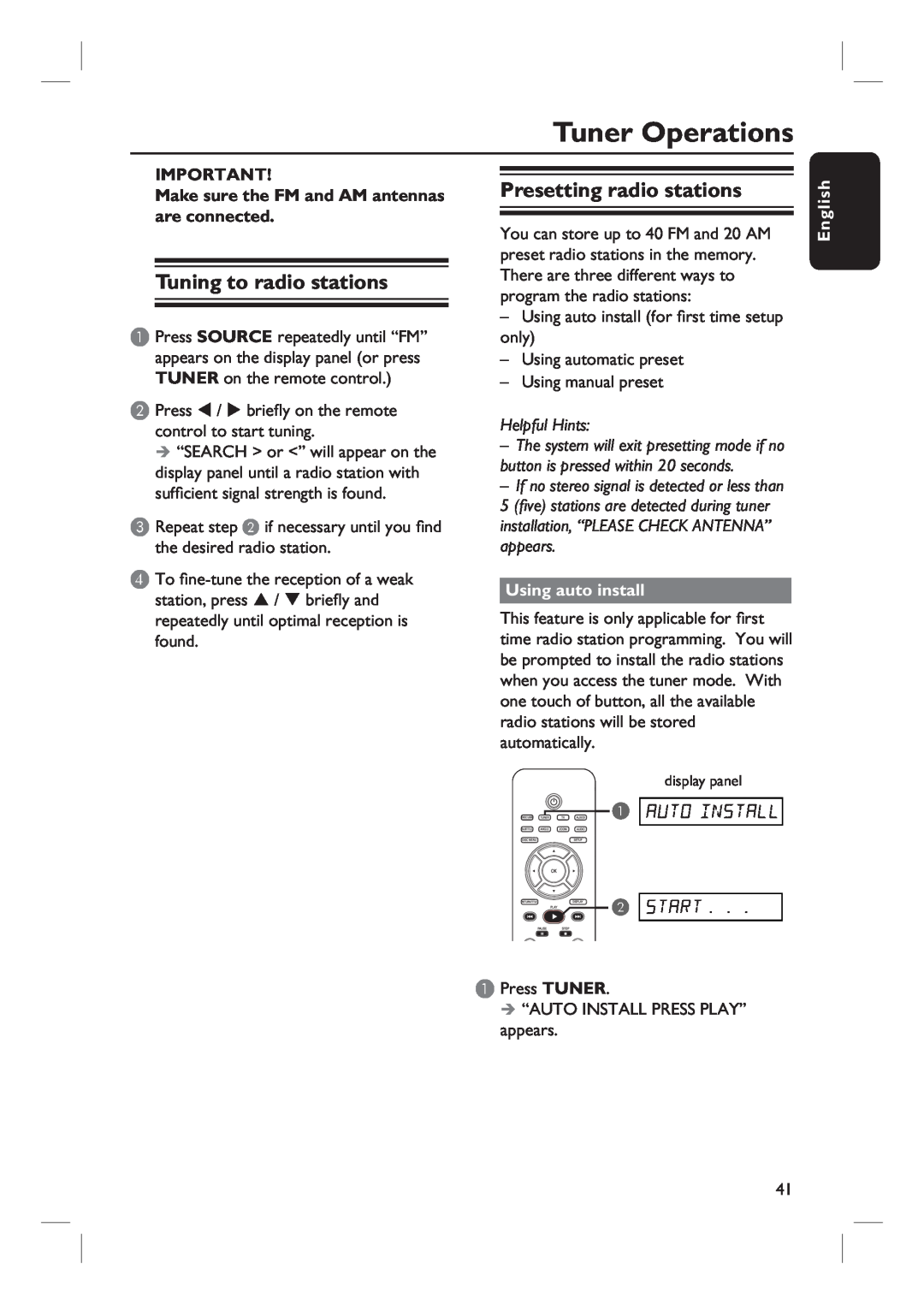 Philips HTS3450, HTS3440 user manual Tuner Operations, Tuning to radio stations, Presetting radio stations, Helpful Hints 