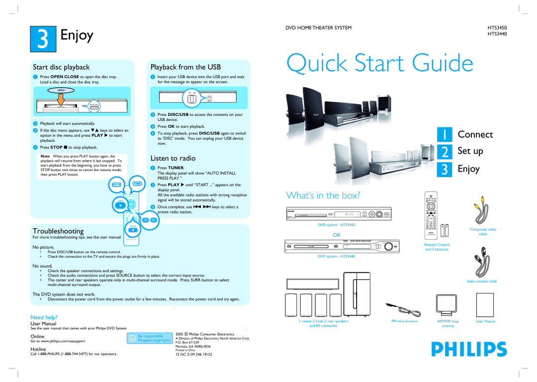 Philips HTS3440/37B user manual Enjoy, Start disc playback, Troubleshooting, Playback from the USB, Listen to radio 