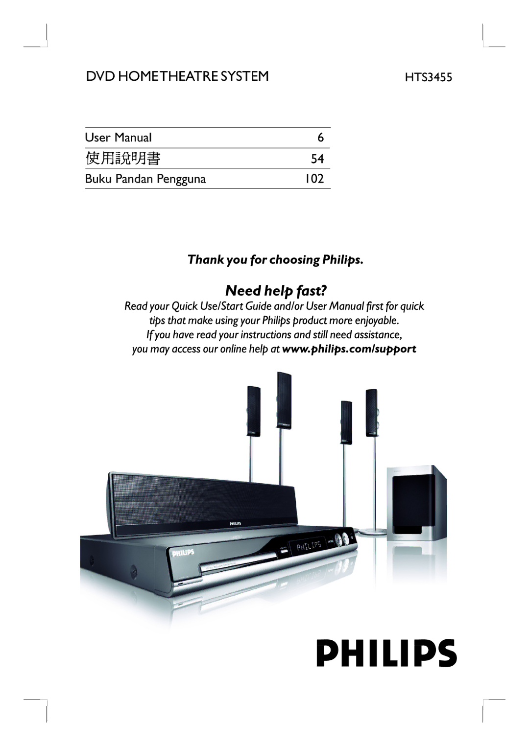 Philips HTS3455 user manual DVD Hometheatre System 