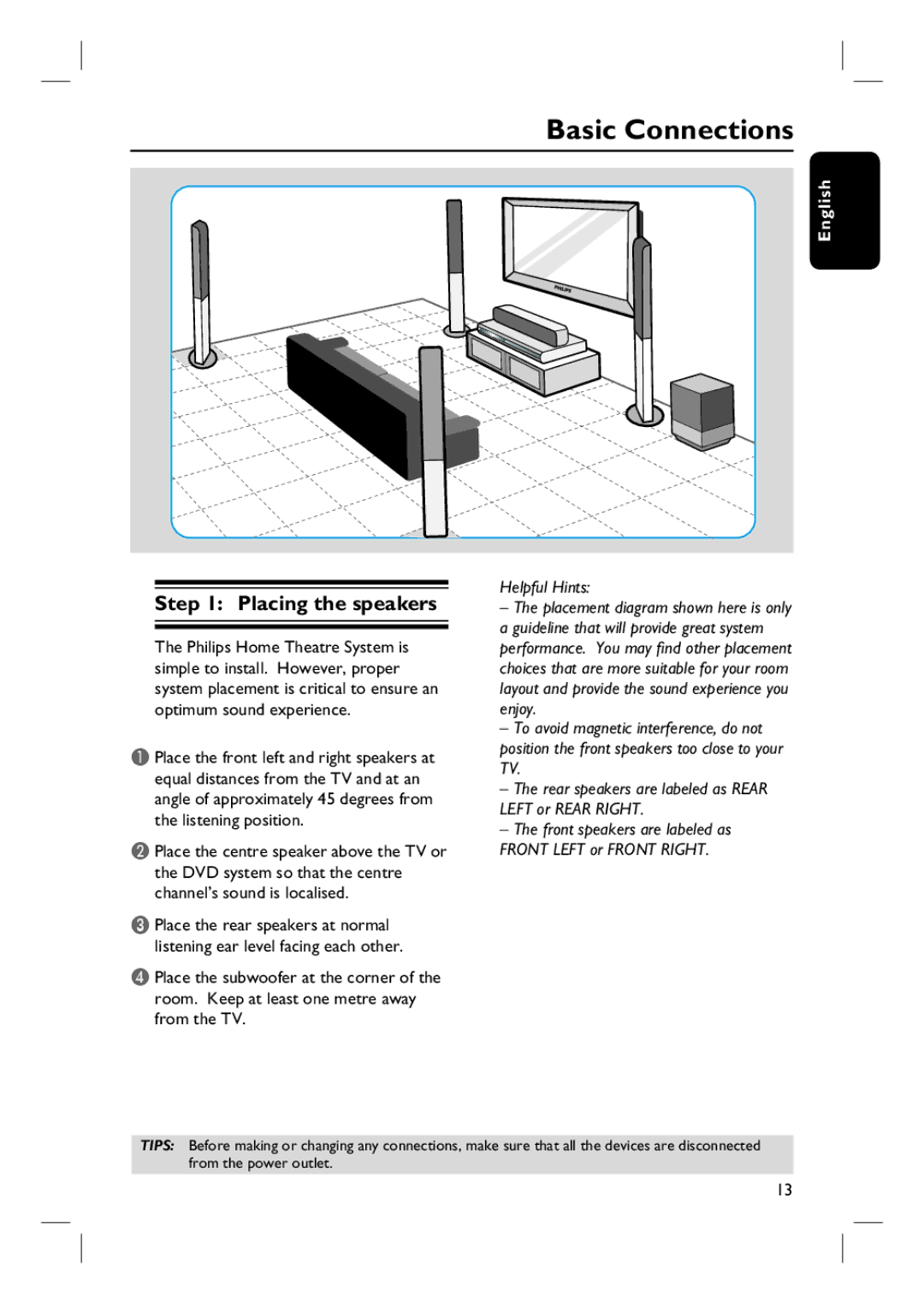 Philips HTS3455 user manual Basic Connections, Placing the speakers 