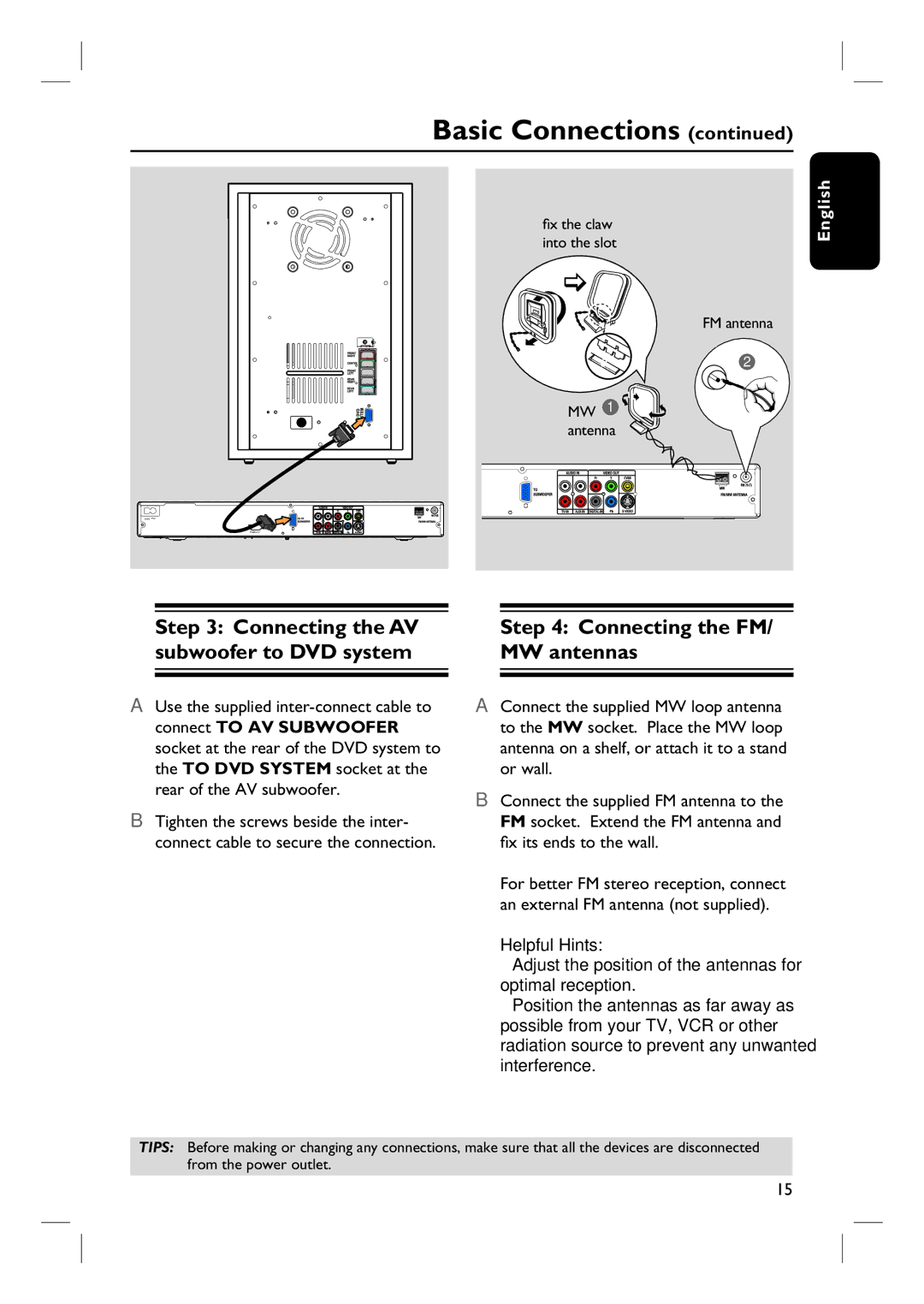 Philips HTS3455 user manual Connecting the AV subwoofer to DVD system, Connecting the FM/ MW antennas 