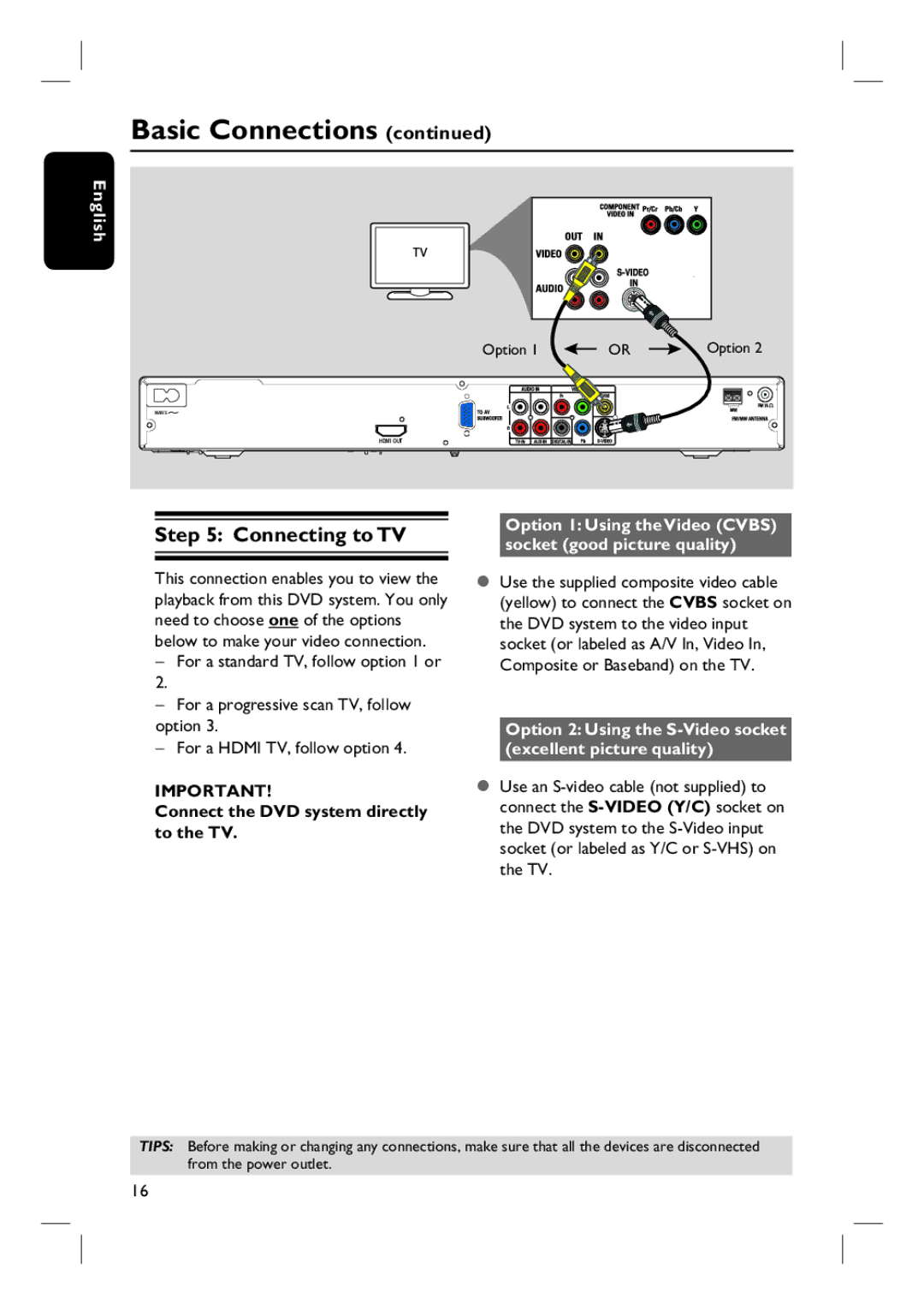 Philips HTS3455 user manual Connecting to TV, Connect the DVD system directly to the TV 