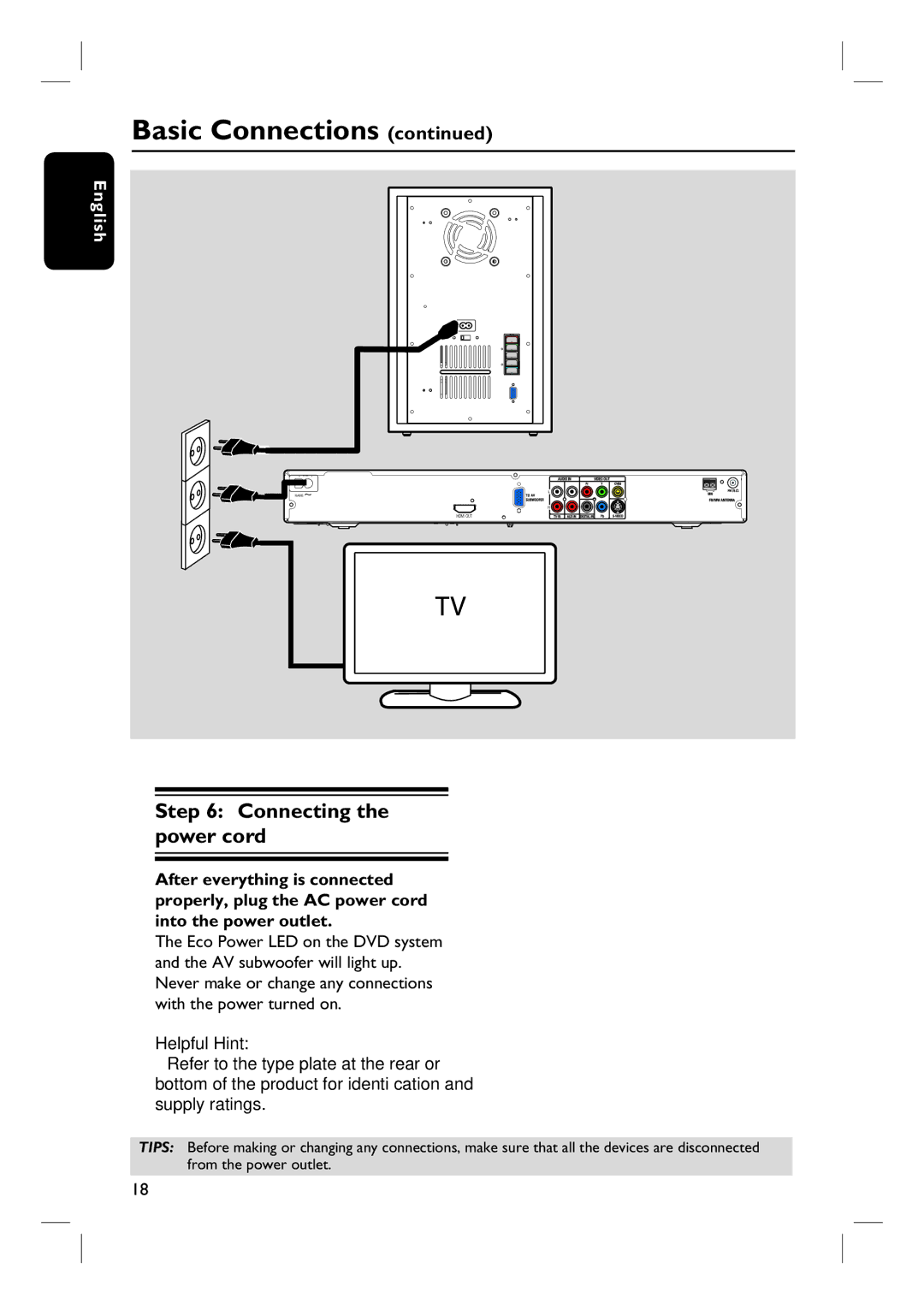 Philips HTS3455 user manual Connecting the power cord 