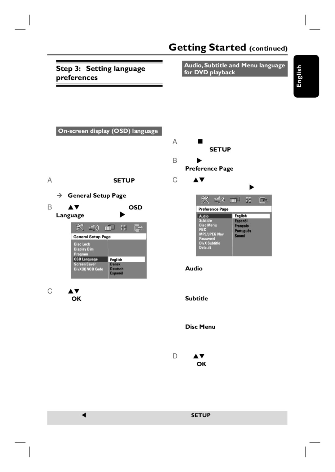 Philips HTS3455 Setting language preferences, On-screen display OSD language, General Setup Page appears, Preference 