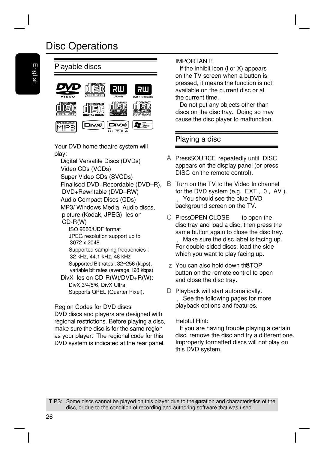 Philips HTS3455 user manual Disc Operations, Playable discs, Playing a disc 