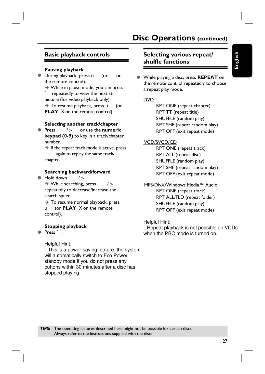 Philips HTS3455 Basic playback controls, Selecting various repeat/ shuffle functions, Pausing playback, Stopping playback 