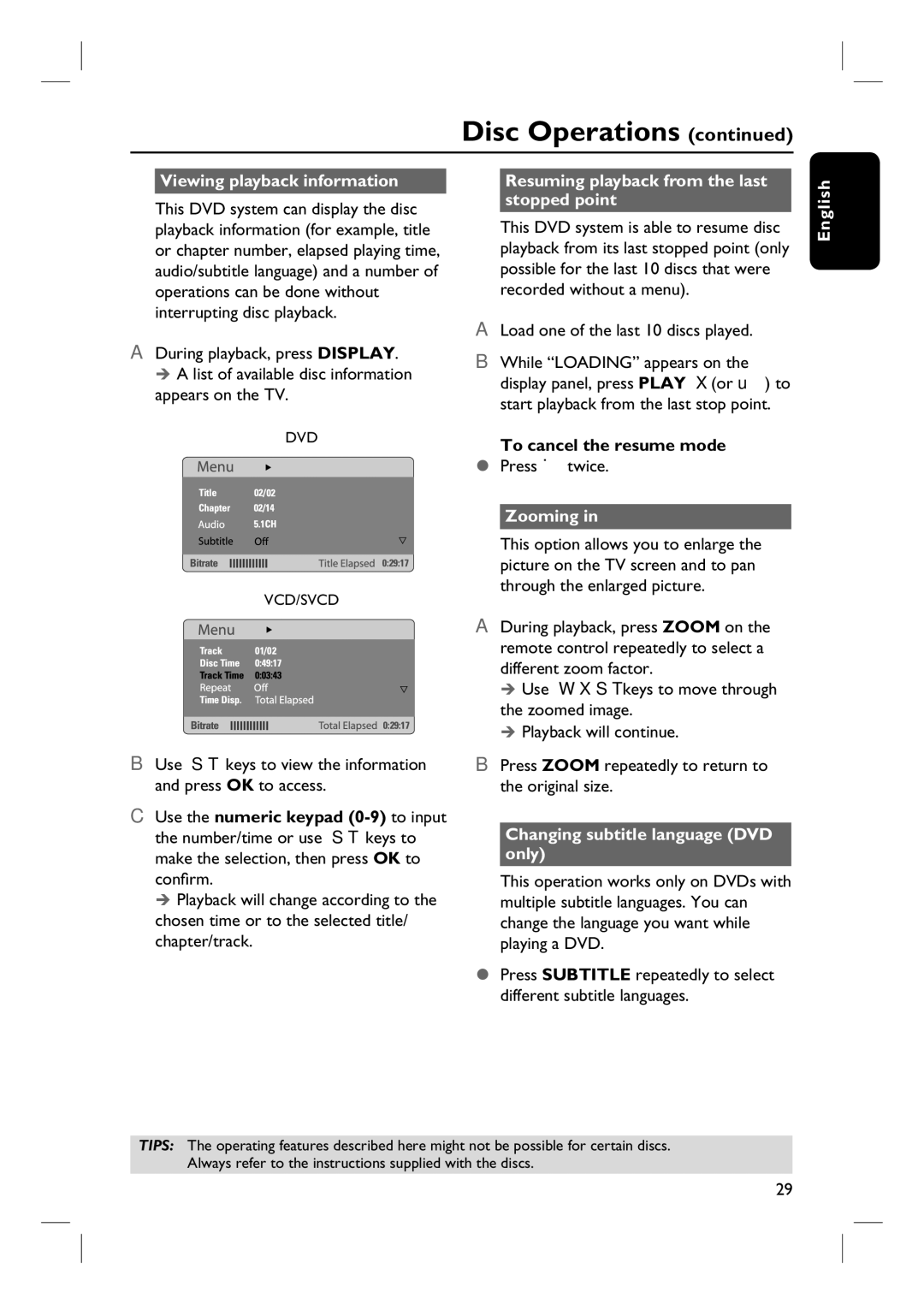 Philips HTS3455 Viewing playback information, Resuming playback from the last stopped point, To cancel the resume mode 