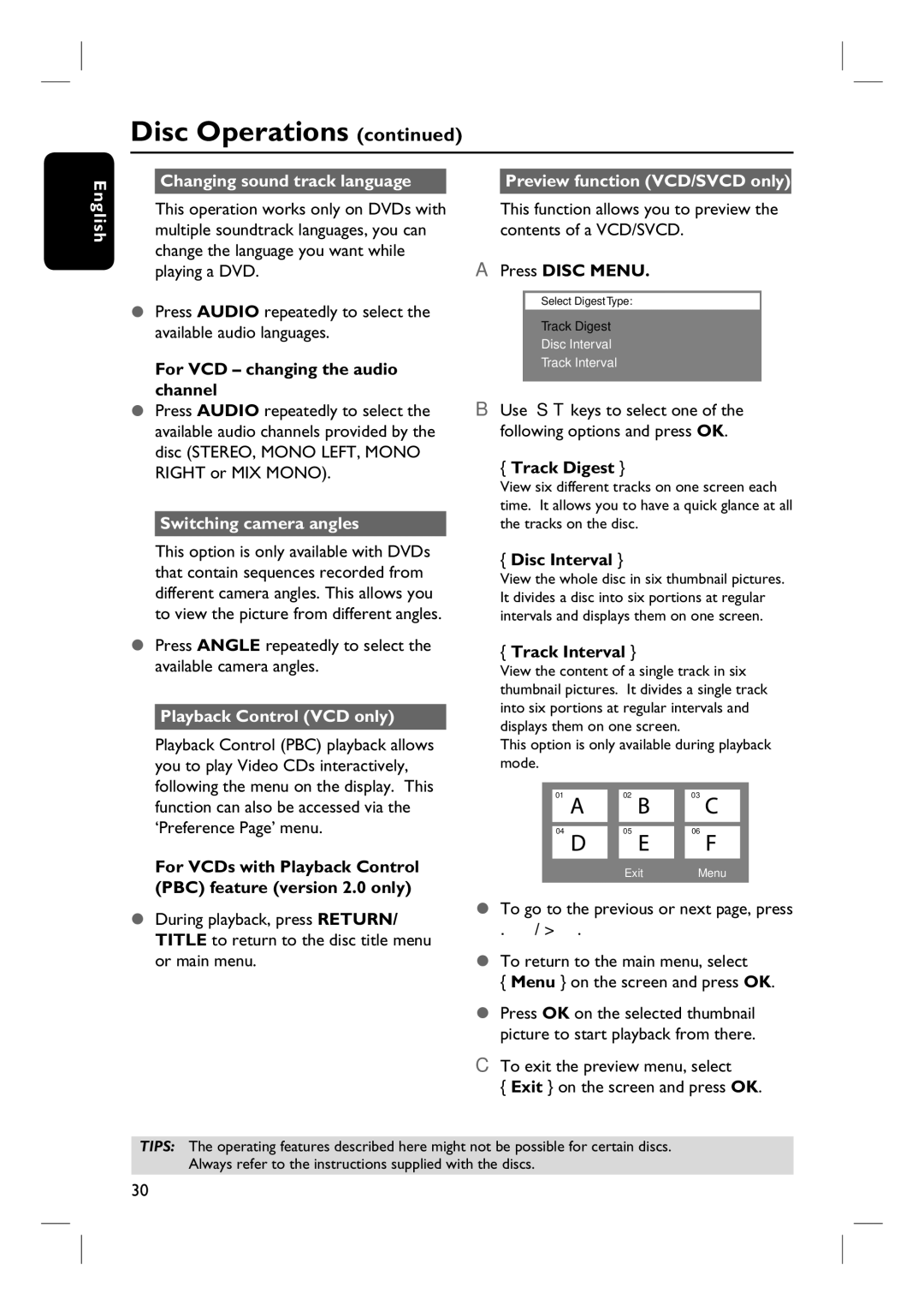 Philips HTS3455 user manual English Changing sound track language, Switching camera angles, Playback Control VCD only 