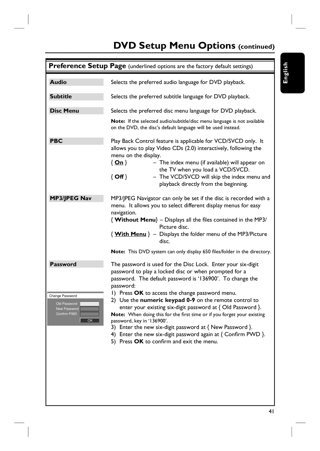 Philips HTS3455 user manual MP3/JPEG Nav Password, Off 