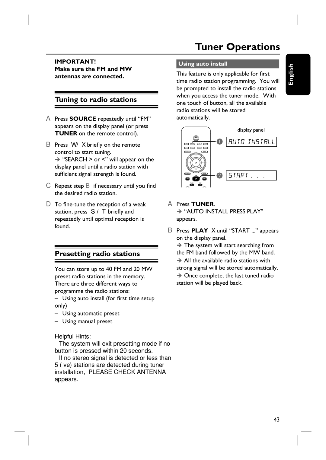 Philips HTS3455 user manual Tuner Operations, Tuning to radio stations, Presetting radio stations, Using auto install 