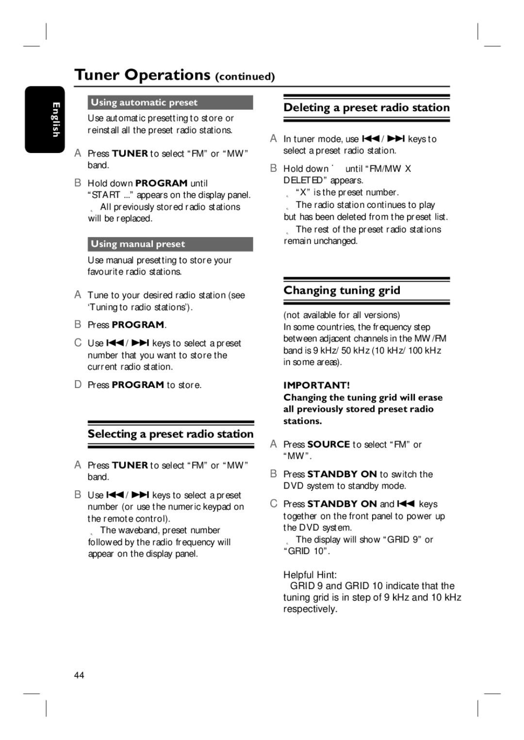 Philips HTS3455 Selecting a preset radio station, Changing tuning grid, Using automatic preset, Using manual preset 