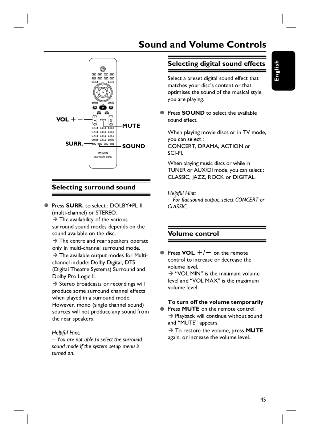 Philips HTS3455 Sound and Volume Controls, Selecting surround sound, Selecting digital sound effects, Volume control 