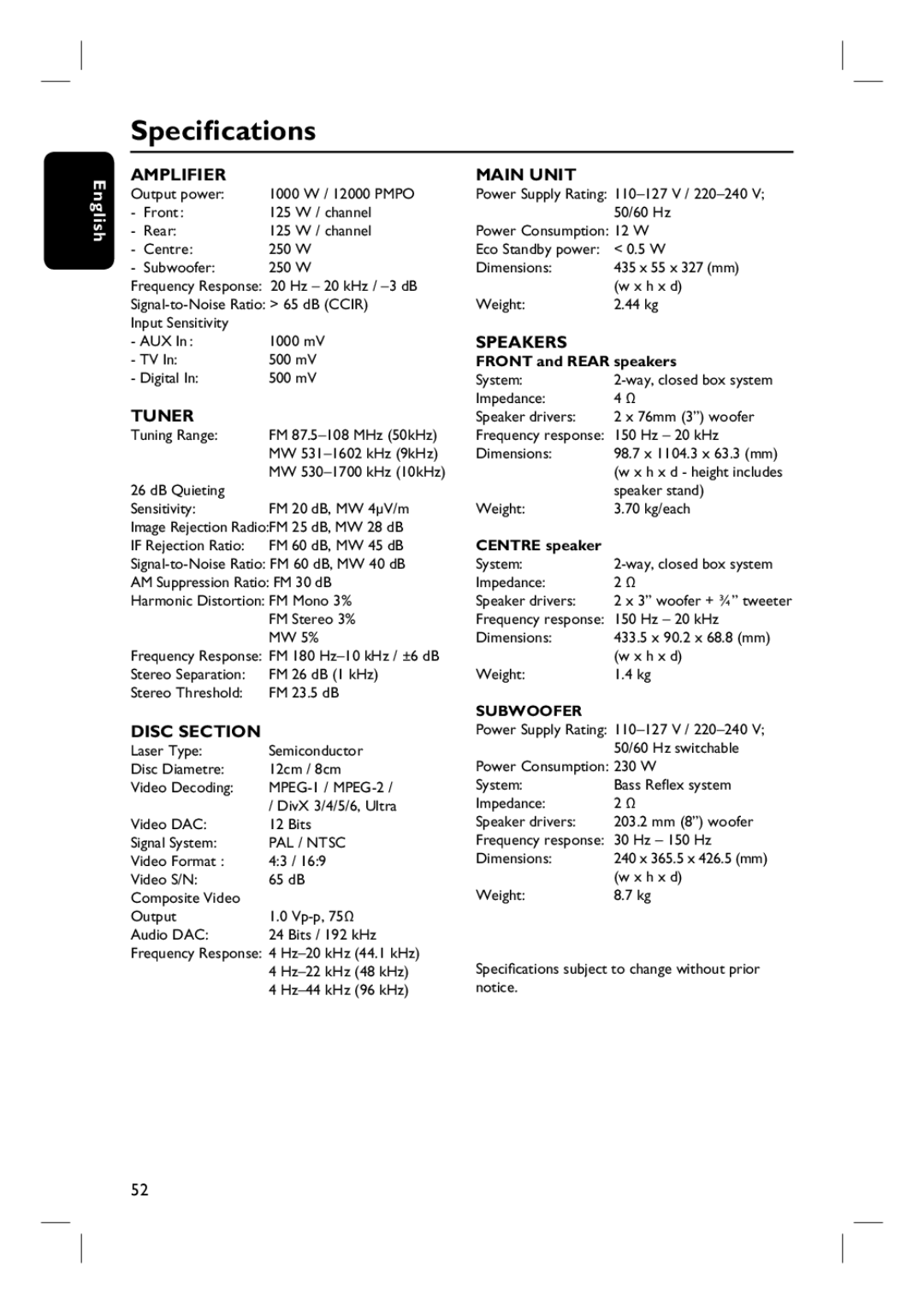 Philips HTS3455 user manual Specifications, Amplifier 