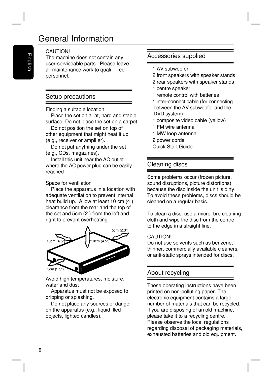 Philips HTS3455 user manual General Information, Setup precautions, Accessories supplied, Cleaning discs, About recycling 