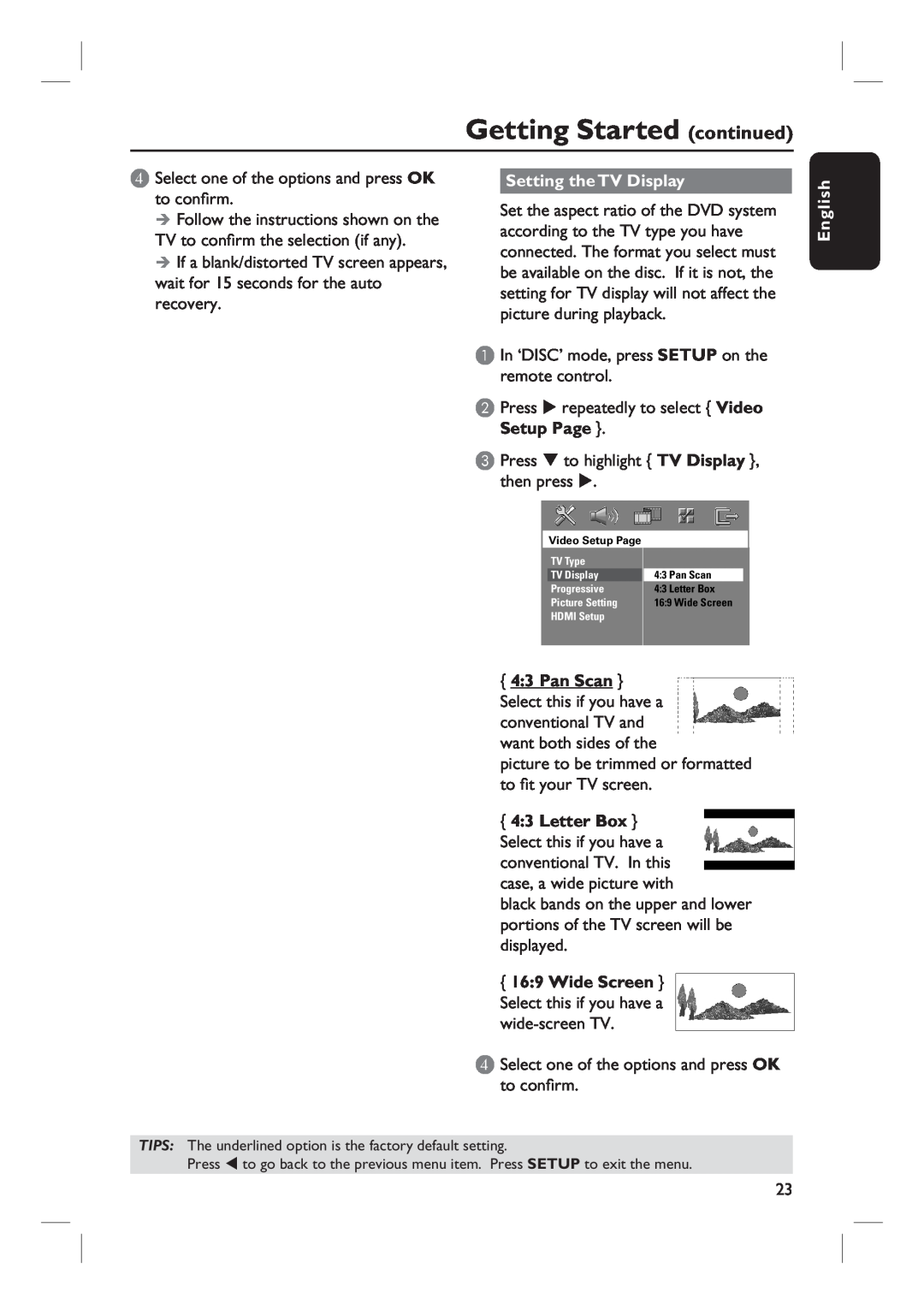 Philips HTS3455 user manual Setting the TV Display, Getting Started continued, English 