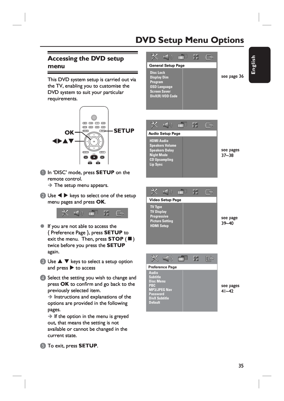 Philips HTS3455 user manual DVD Setup Menu Options, Accessing the DVD setup menu, Oksetup, English 