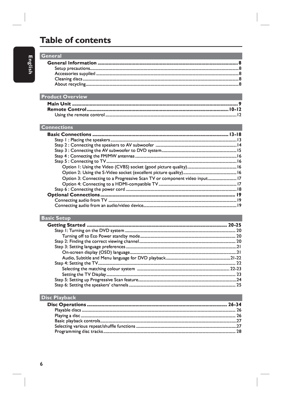 Philips HTS3455 user manual Table of contents, General, Product Overview, Connections, Basic Setup, Disc Playback, English 
