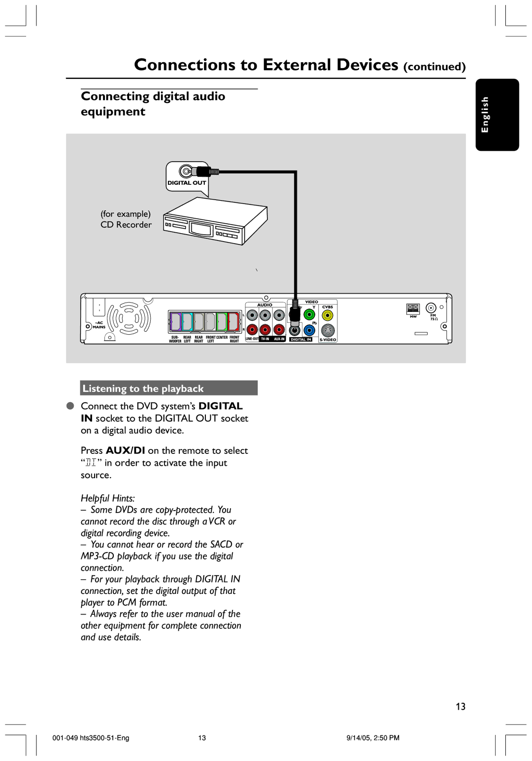 Philips HTS3500K/51 user manual Connecting digital audio equipment, Listening to the playback 