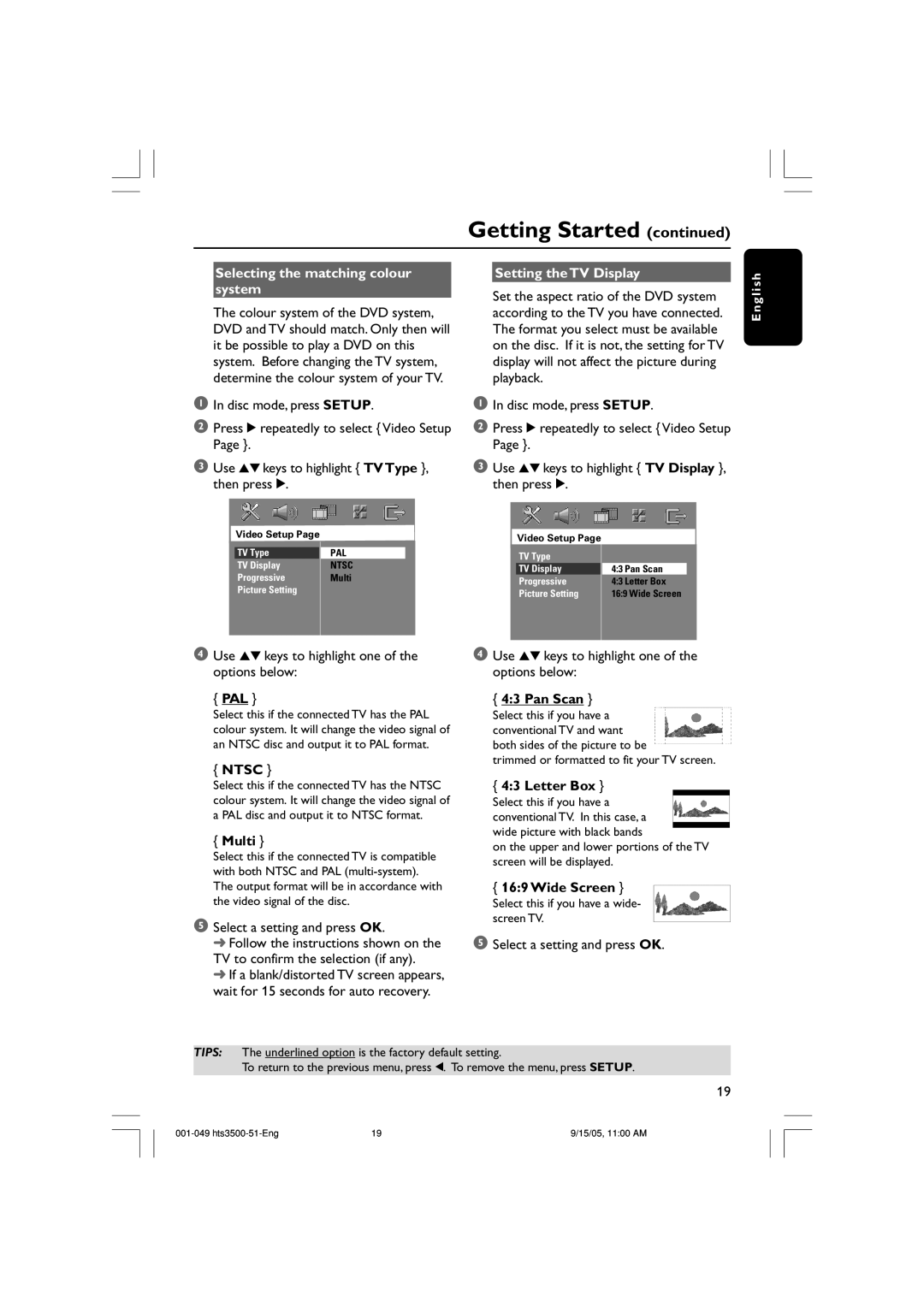 Philips HTS3500K/51 user manual TV Display, Pal, Ntsc, Multi, Pan Scan, Letter Box, Wide Screen 