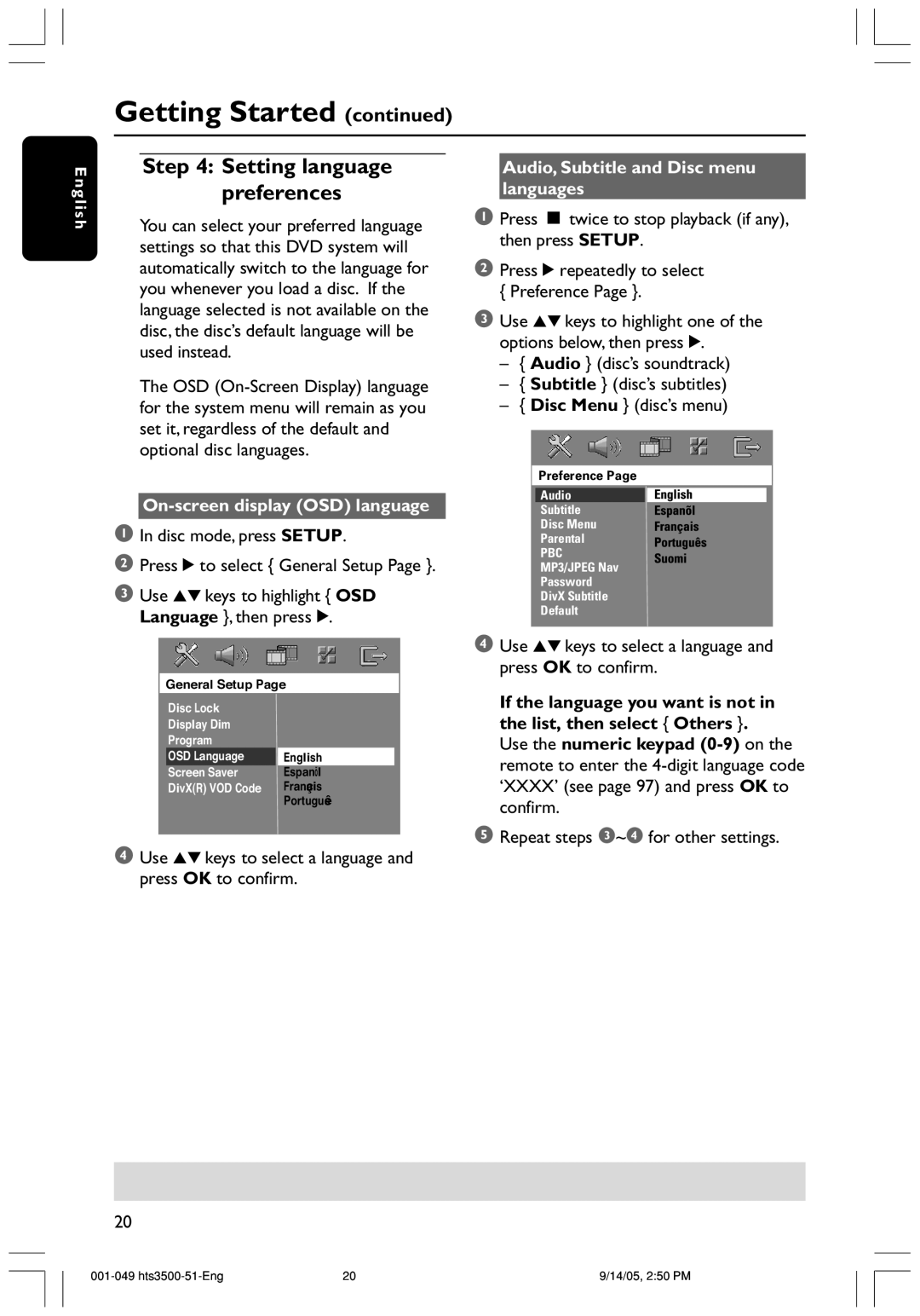 Philips HTS3500K/51 user manual On-screen display OSD language, Audio, Subtitle and Disc menu languages 