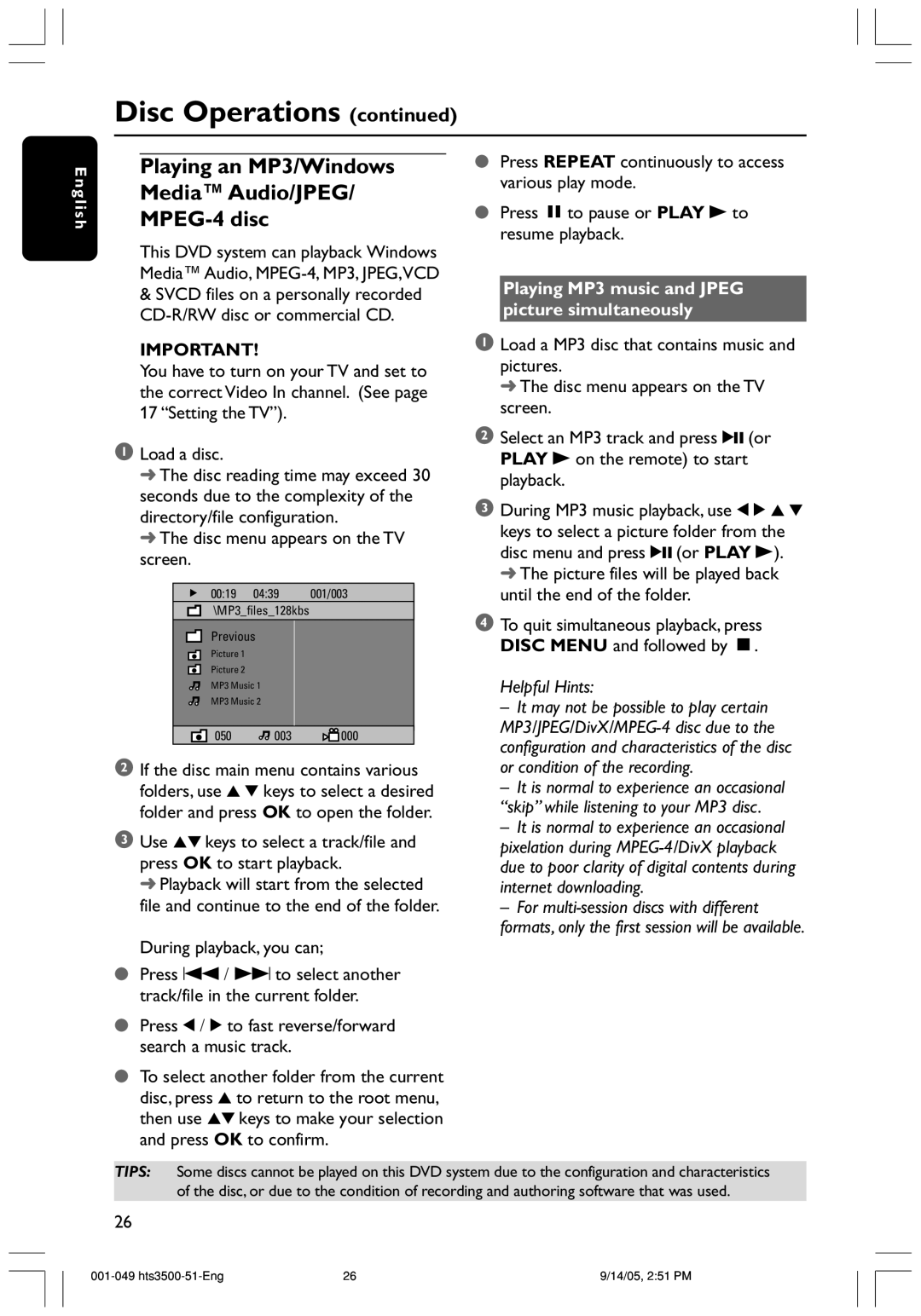 Philips HTS3500K/51 user manual Playing an MP3/Windows Media Audio/JPEG/ MPEG-4 disc, Disc menu appears on the TV screen 