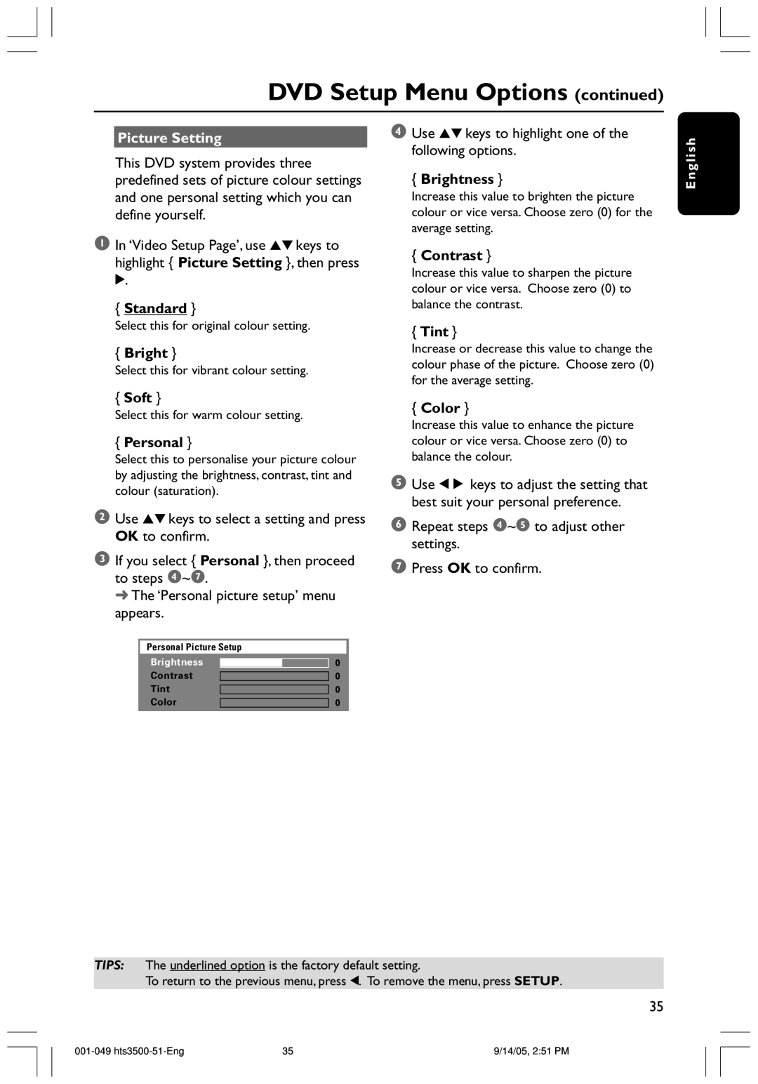 Philips HTS3500K/51 user manual Picture Setting 