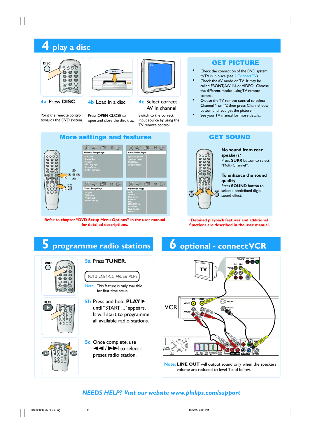 Philips HTS3500S/75 quick start Play a disc, Programme radio stations, Optional connect VCR, GET Picture, GET Sound 