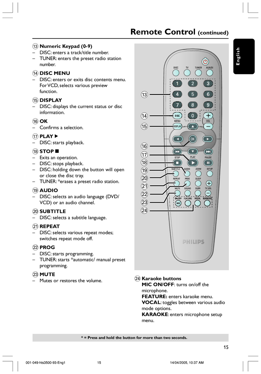 Philips HTS3500S/93 user manual # Numeric Keypad, ≤ Karaoke buttons 