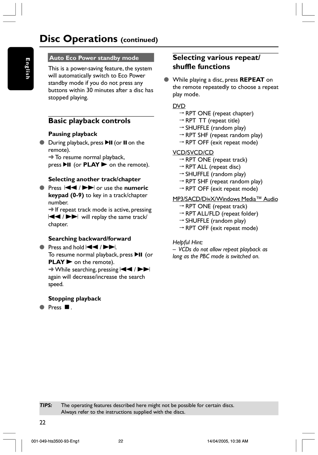 Philips HTS3500S/93 Basic playback controls, Selecting various repeat/ shuffle functions, Auto Eco Power standby mode 